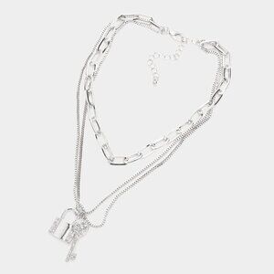 NEW Silver Lock Rhinestone Embellished Key Layered Necklace
